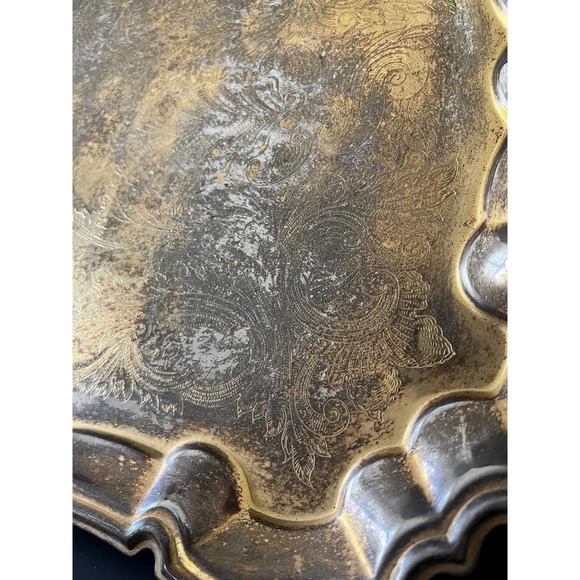 Vintage Gold Plate Butler Tray Relief Embossed Four Ornate Feet 23x13x2 Inches - Picture 6 of 11